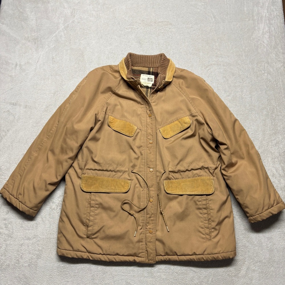 Vintage 70's Sears Jacket Mens L 7212 Tan Field Coat Corduroy Trim Plaid Lined